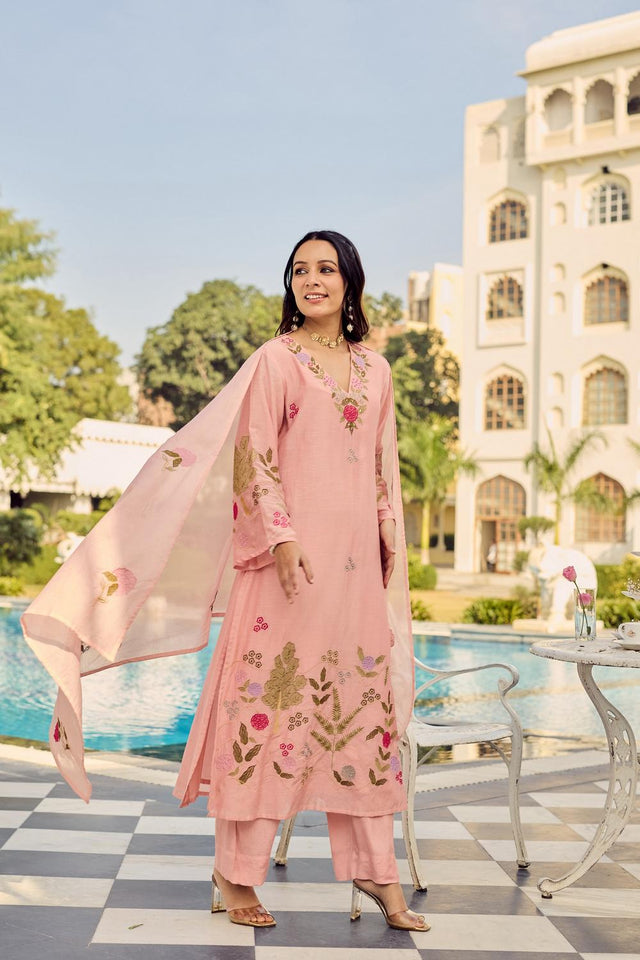 Peach Floral Embroidered Chanderi Straight Cut Suits (ACA7245)