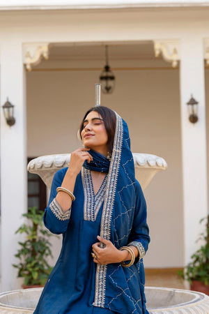 Blue Floral Embroidered Silk Anarkali Suits (ACA7246)