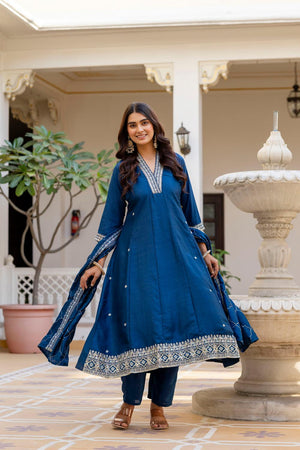 Blue Floral Embroidered Silk Anarkali Suits (ACA7246)