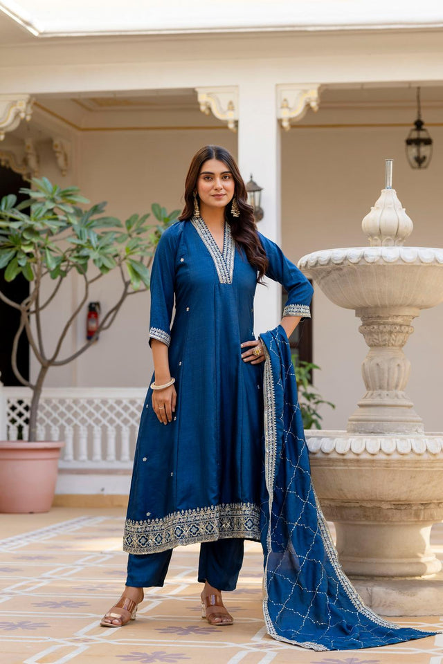 Blue Floral Embroidered Silk Anarkali Suits (ACA7246)