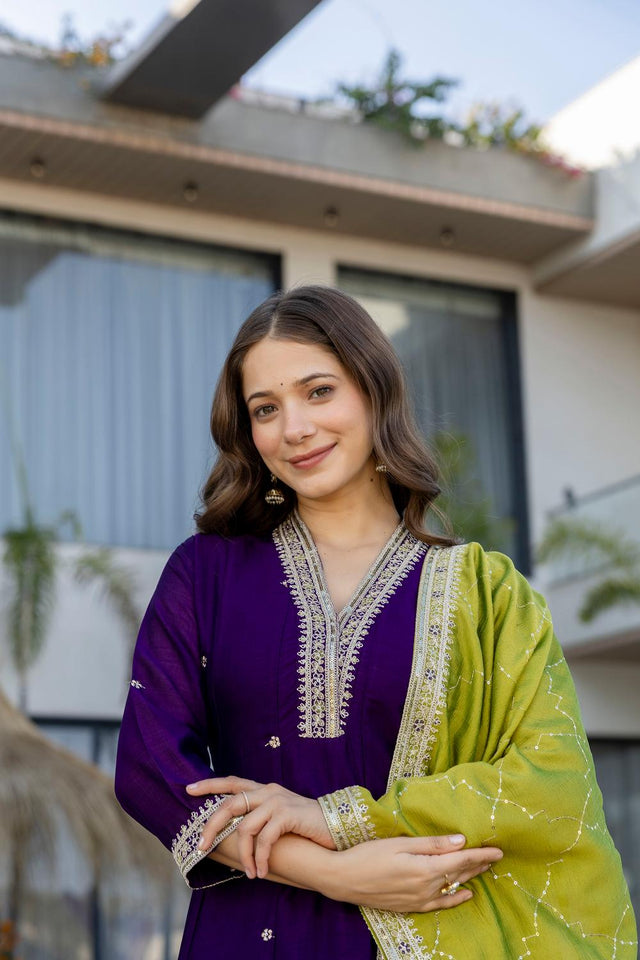 Violet Floral Embroidered Silk Anarkali Suits (ACA7247)