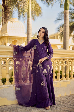 Violet Floral Embroidered Chanderi Sharara Suits (ACA7250)