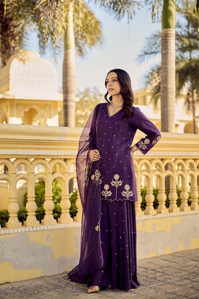 Violet Floral Embroidered Chanderi Sharara Suits (ACA7250)