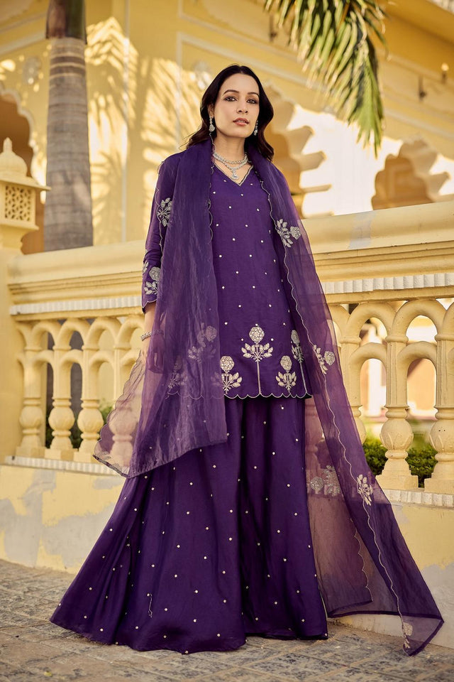 Violet Floral Embroidered Chanderi Sharara Suits (ACA7250)