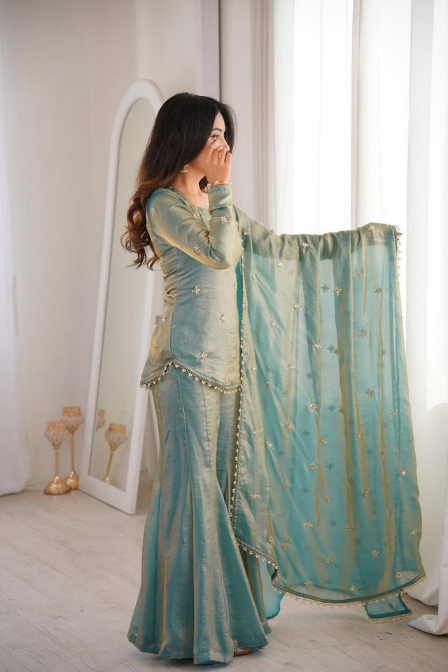 Blue Sequin Embroidered Silk Sharara Suits (ACA7252)