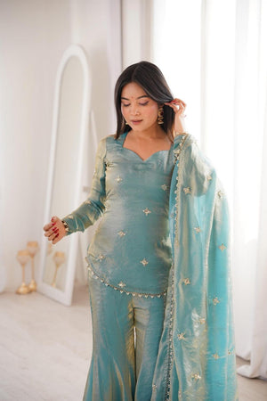 Blue Sequin Embroidered Silk Sharara Suits (ACA7252)