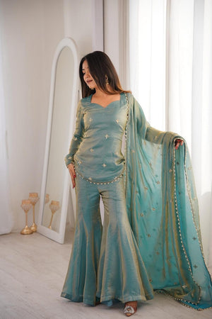 Blue Sequin Embroidered Silk Sharara Suits (ACA7252)
