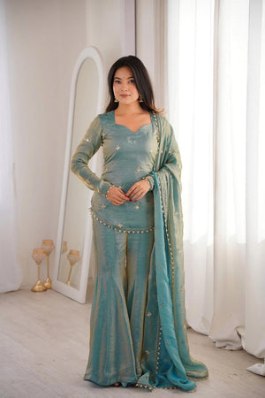 Blue Sequin Embroidered Silk Sharara Suits (ACA7252)