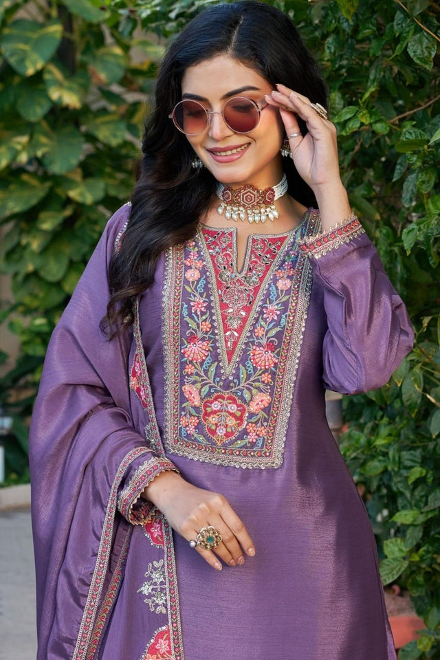 Free Size Stitched Violet Floral Embroidered Chinon Palazzo Suits (ACA7253)