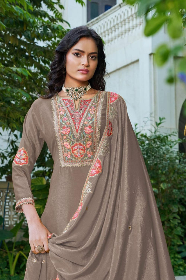 Free Size Stitched Brown Floral Embroidered Chinon Palazzo Suits (ACA7254)