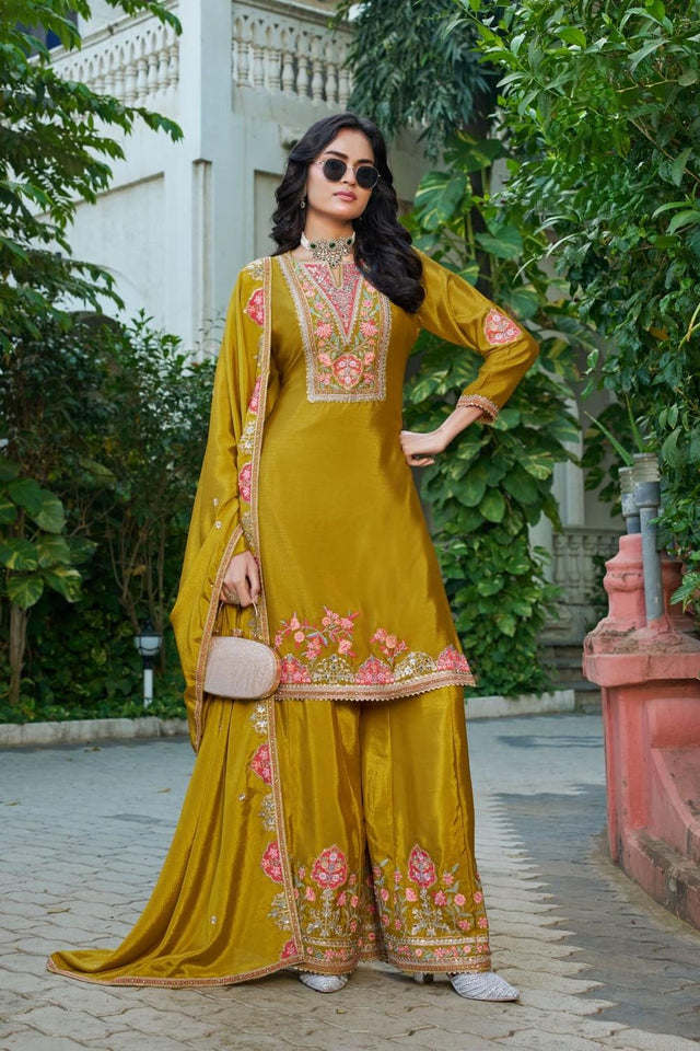 Free Size Stitched Mustard Floral Embroidered Chinon Palazzo Suits (ACA7255)