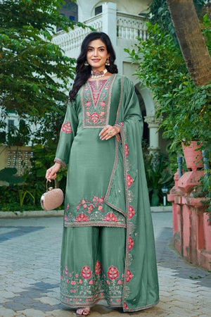 Free Size Stitched Green Floral Embroidered Chinon Palazzo Suits (ACA7256)