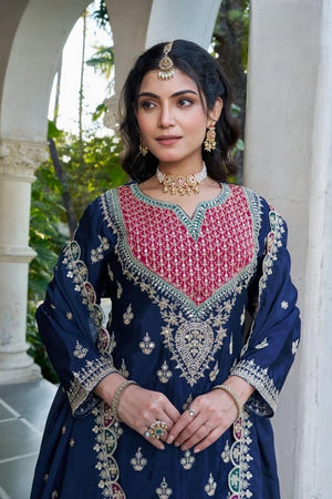 Free Size Stitched Blue Embroidered Chinon Palazzo Suits (ACA7258)