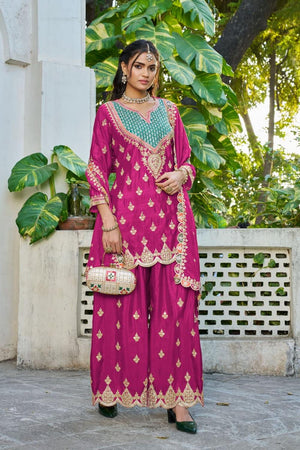Free Size Stitched Pink Embroidered Chinon Palazzo Suits (ACA7259)