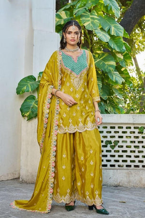 Free Size Stitched Mustard Embroidered Chinon Palazzo Suits (ACA7260)