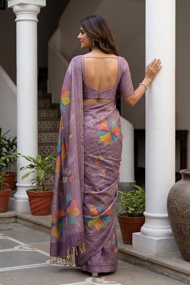 Violet Printed with Thread Work Silk Saree (ACA7261)
