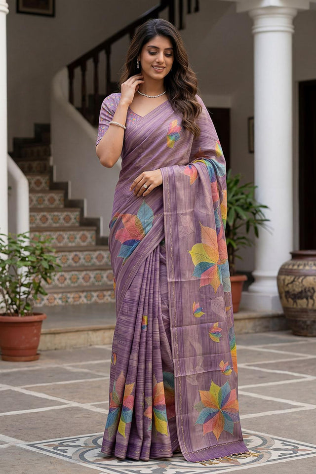 Violet Printed with Thread Work Silk Saree (ACA7261)