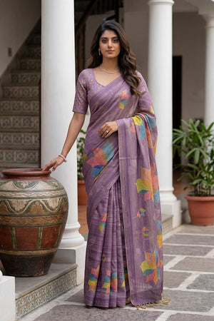 Violet Printed with Thread Work Silk Saree (ACA7261)