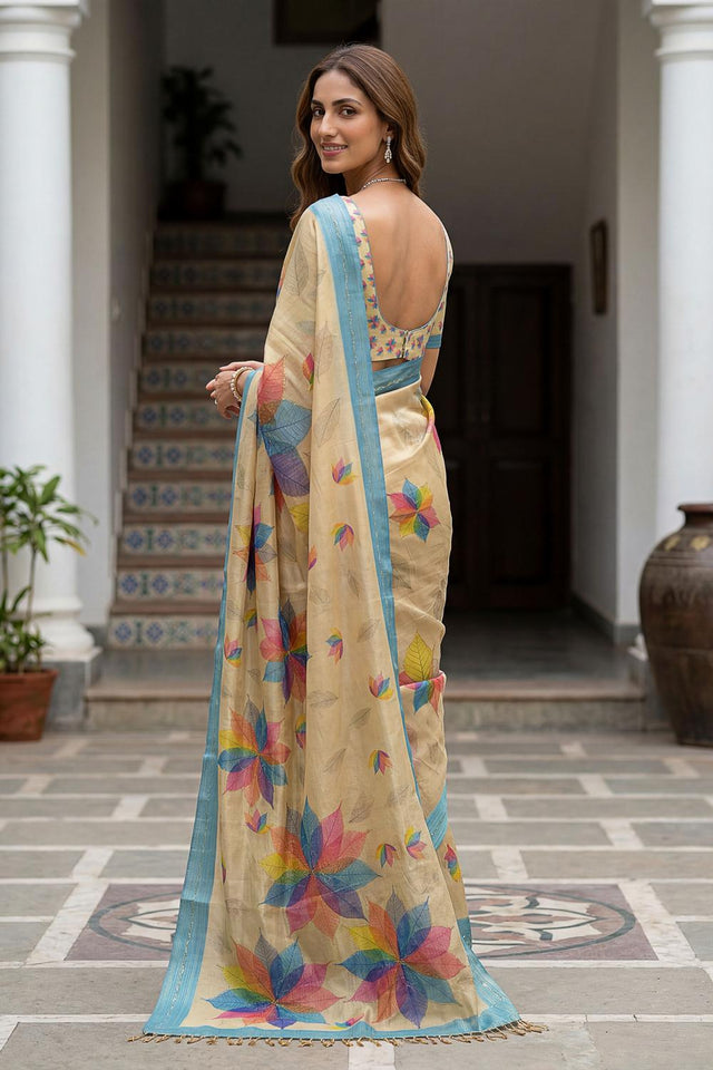 Yellow Floral Printed with Thread Work Silk Saree (ACA7262)
