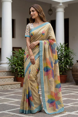 Yellow Floral Printed with Thread Work Silk Saree (ACA7262)