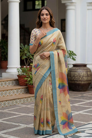 Yellow Floral Printed with Thread Work Silk Saree (ACA7262)
