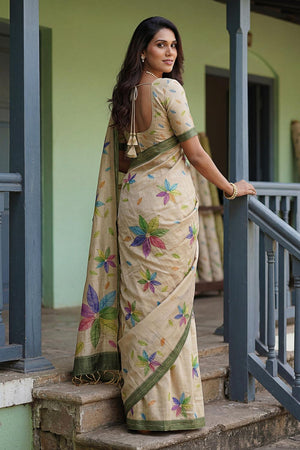 Beige Floral Printed with Thread Work Silk Saree (ACA7263)