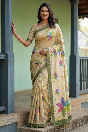 Beige Floral Printed with Thread Work Silk Saree (ACA7263)