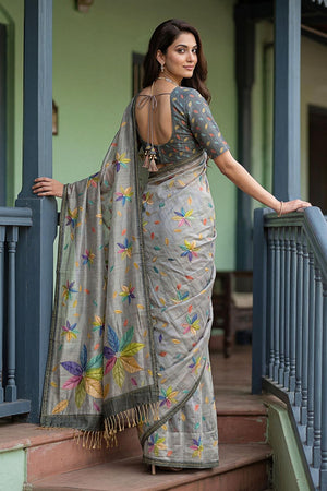 Grey Floral Printed with Thread Work Silk Saree (ACA7264)