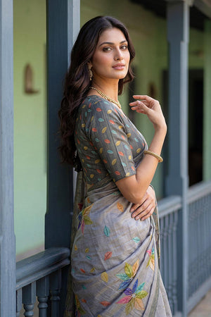 Grey Floral Printed with Thread Work Silk Saree (ACA7264)