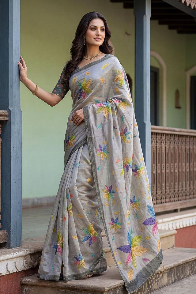 Grey Floral Printed with Thread Work Silk Saree (ACA7264)