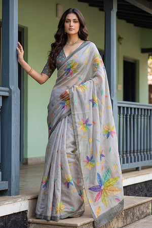 Grey Floral Printed with Thread Work Silk Saree (ACA7264)