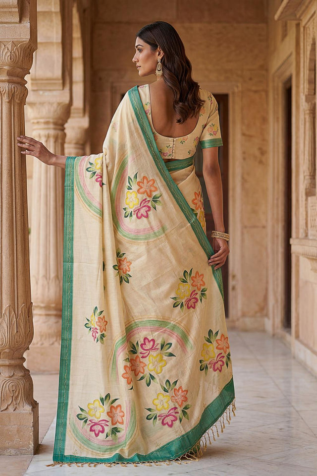 Beige Floral Printed with Thread Work Silk Saree (ACA7265)