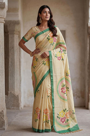 Beige Floral Printed with Thread Work Silk Saree (ACA7265)