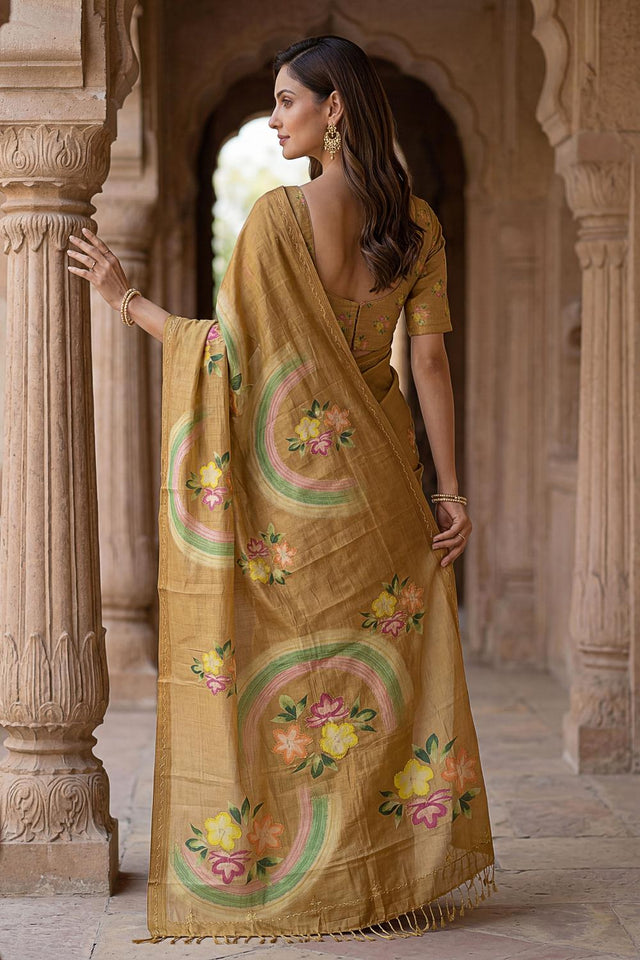 Gold Floral Printed with Thread Work Silk Saree (ACA7266)