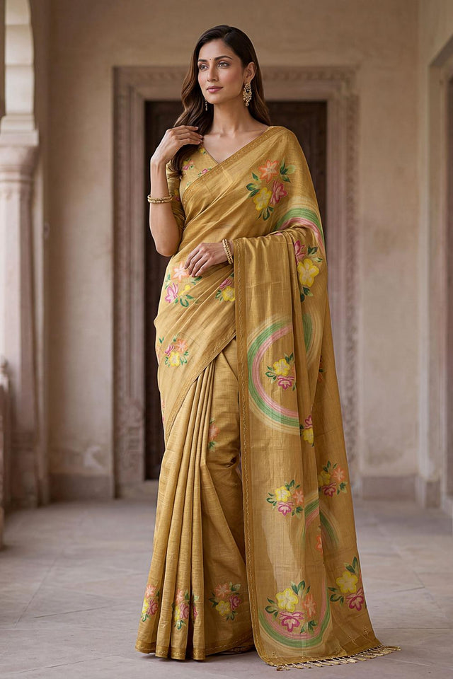 Gold Floral Printed with Thread Work Silk Saree (ACA7266)
