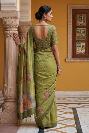 Mehendi Floral Printed with Thread Work Silk Saree (ACA7267)
