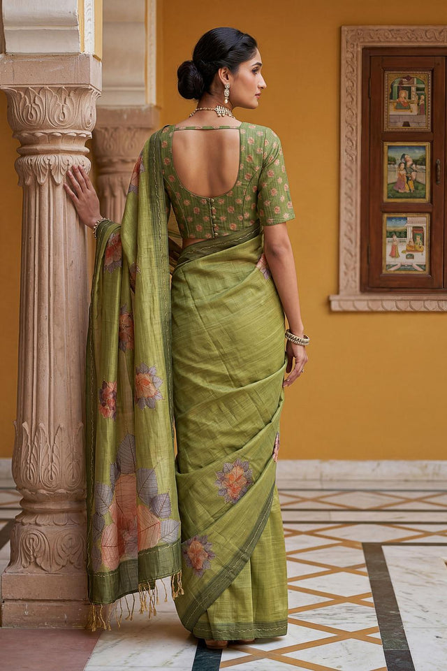 Mehendi Floral Printed with Thread Work Silk Saree (ACA7267)
