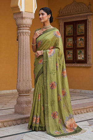 Mehendi Floral Printed with Thread Work Silk Saree (ACA7267)