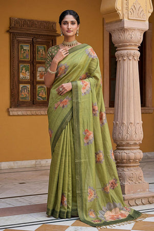 Mehendi Floral Printed with Thread Work Silk Saree (ACA7267)