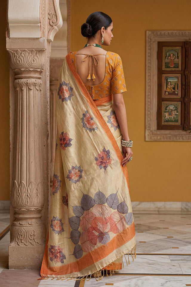Peach Floral Printed with Thread Work Silk Saree (ACA7268)
