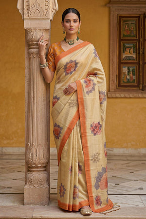 Peach Floral Printed with Thread Work Silk Saree (ACA7268)