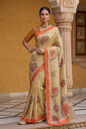 Peach Floral Printed with Thread Work Silk Saree (ACA7268)