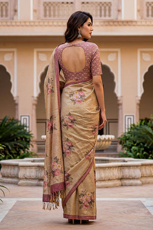 Beige Floral Printed with Thread Work Silk Saree (ACA7269)