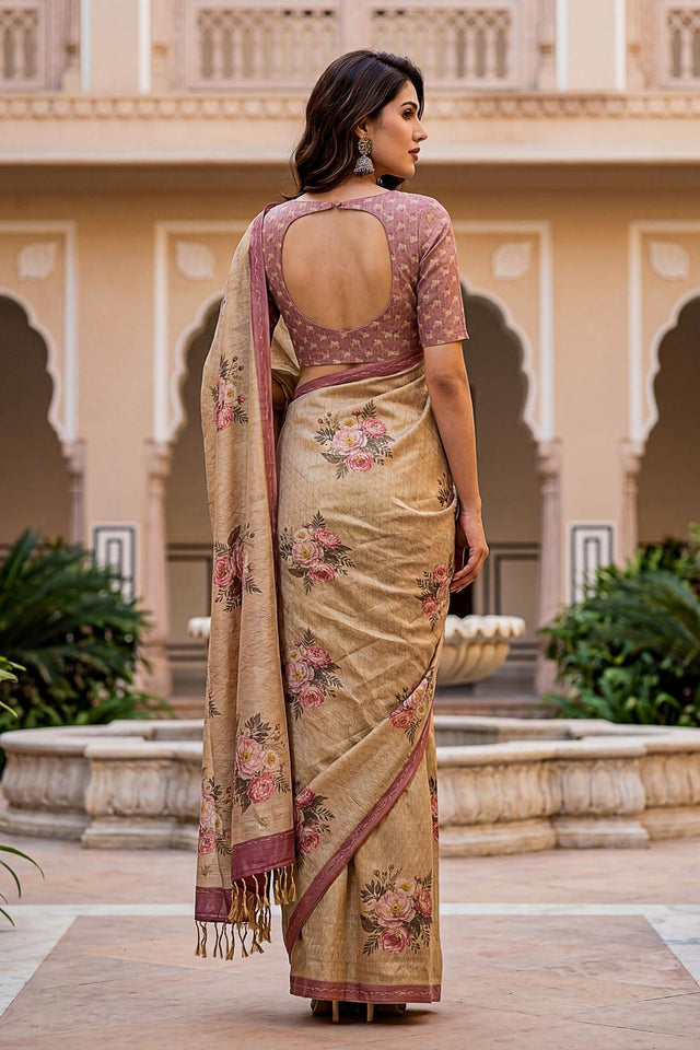 Beige Floral Printed with Thread Work Silk Saree (ACA7269)