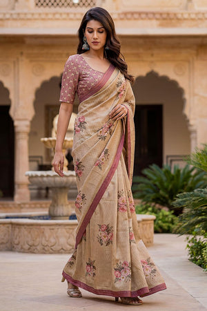 Beige Floral Printed with Thread Work Silk Saree (ACA7269)