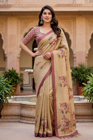 Beige Floral Printed with Thread Work Silk Saree (ACA7269)
