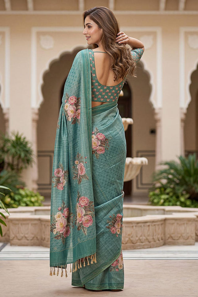 Green Floral Printed with Thread Work Silk Saree (ACA7270)