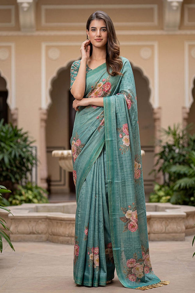 Green Floral Printed with Thread Work Silk Saree (ACA7270)