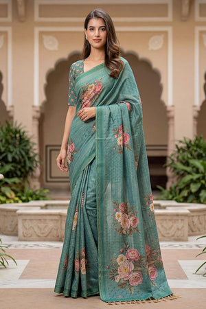 Green Floral Printed with Thread Work Silk Saree (ACA7270)