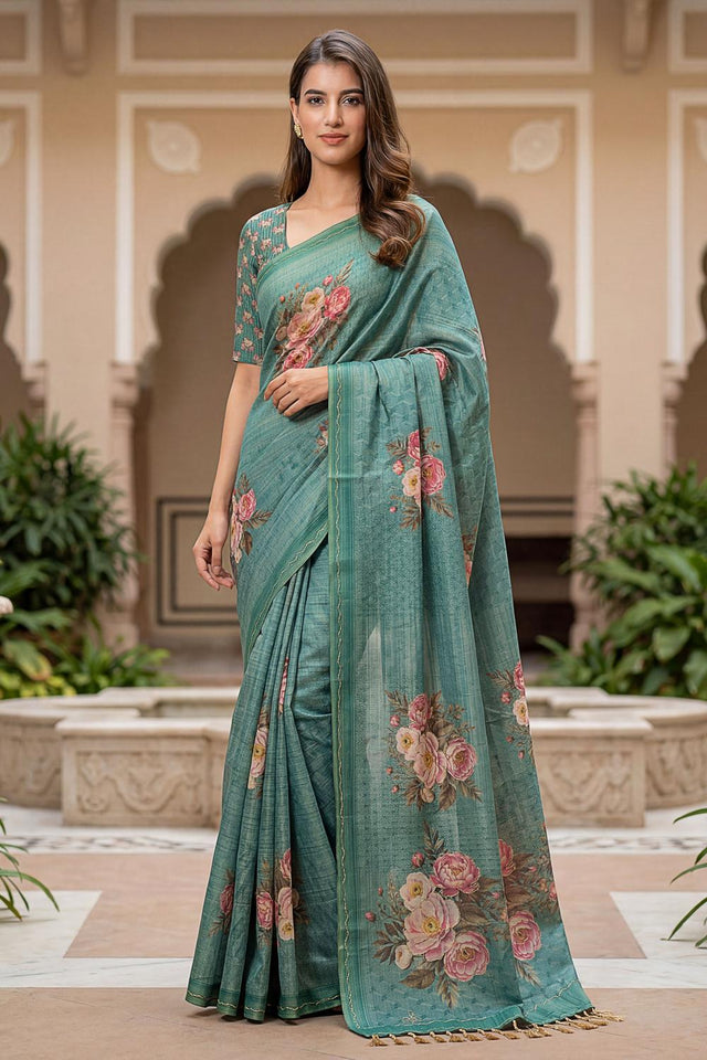 Green Floral Printed with Thread Work Silk Saree (ACA7270)